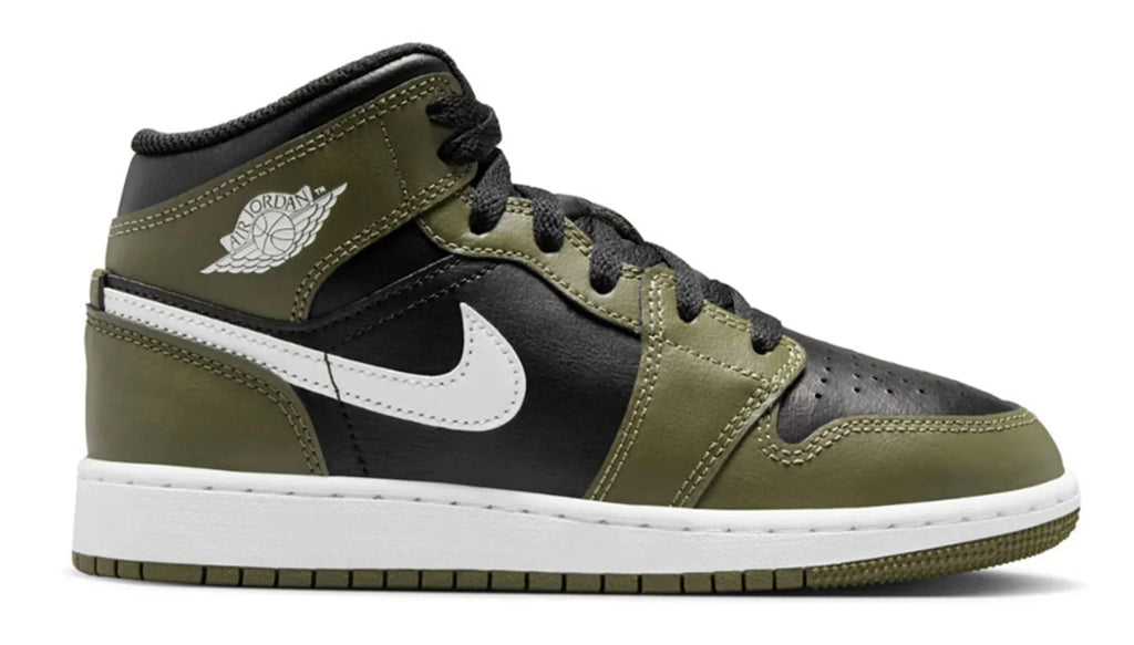Jordan 1 Mid Black Medium Olive White PS Paired Up